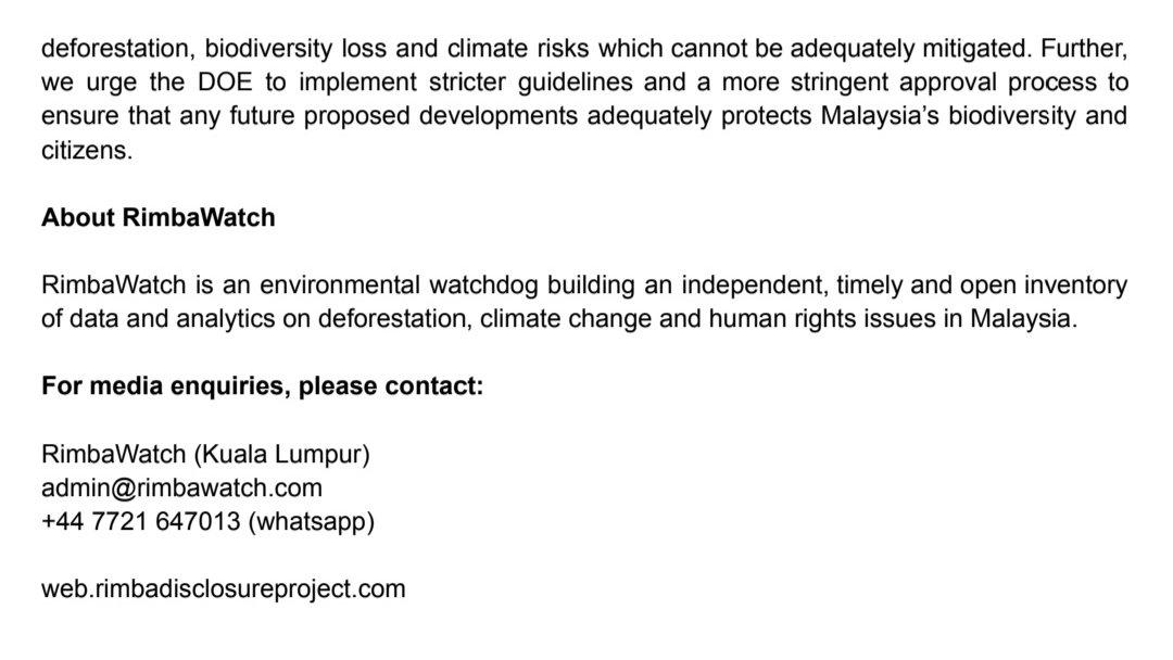 NewsBFM's tweet photo. RimbaWatch is calling on the DOE to retract its EIA approval for a 8,400ha palm oil project in Pahang.

It says it involves the deforestation of intact natural forests nearly twice the size of Putrajaya, and is the largest single palm oil project approved in Peninsular Malaysia in recent years.

The environmental group adds the project does not meet the requirements for MSPO certification, and therefore there is no economic case for this project.

RimbaWatch also notes that the project would result in tremendous carbon stock loss, and involves potential human rights violations.

The group asserts that the project would also exacerbate human-wildlife conflict, and biodiversity loss.