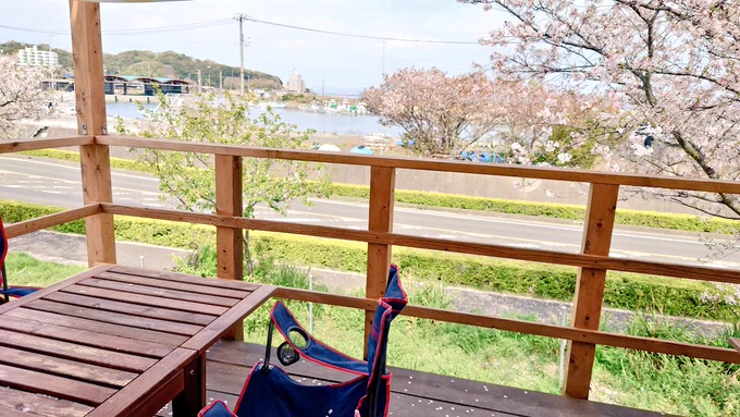 海と桜が見えるテラス席とか贅沢すぎんか????????? 