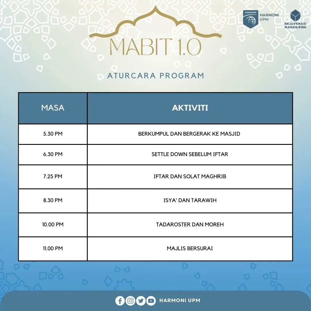 harmoniupm's tweet photo. [MABIT 1ST EDITION (RAMADHAN VERSION)]

As we are nearing our Nisfu Ramadhan, we are delighted to invite you to join our program, Mabit 1 (Ramadhan Version).

We would love to provide a meaningful and enriching experience.

Register here:
https://t.co/OQVHmuhhQw https://t.co/NZscJFVpuy
