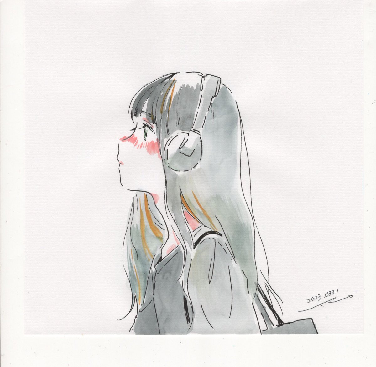 1girl solo long hair headphones blush signature profile  illustration images