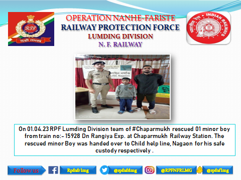 #Operation_Nanhefariste
<a href="/RPF_INDIA/">RPF INDIA</a>
@RPFNFR2
<a href="/RailNf/">Northeast Frontier Railway</a>
<a href="/drm_lmg_nfr/">मं.रे.प्र.लामडिंग, पू.सी.रेलवे / DRM LUMDING NFR</a>
<a href="/RailMinIndia/">Ministry of Railways</a>
<a href="/zscrnfr/">ZSCRNFR</a>
<a href="/rpfpccpk/">RPF post Chaparmukh</a>