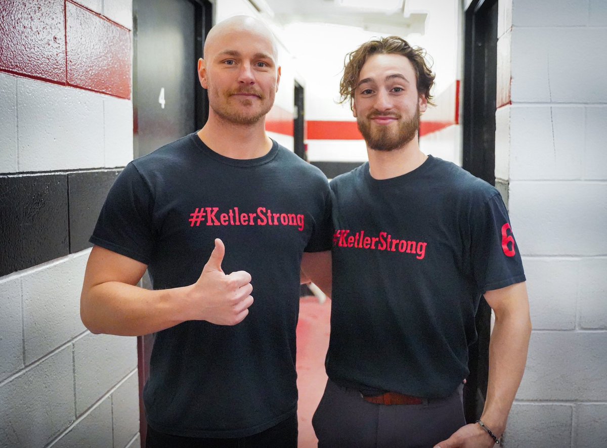 St.Vital Jr. Victorias Head Coach Jeff Mitchell &amp; former Captain, now Assistant Coach Ben Coppinger proudly display their #KetlerStrong TShirts -following their Opening Round Series Win over the Twins last nite. Former teammate Reese Ketler was seriously injured in Dec. 2019 /1