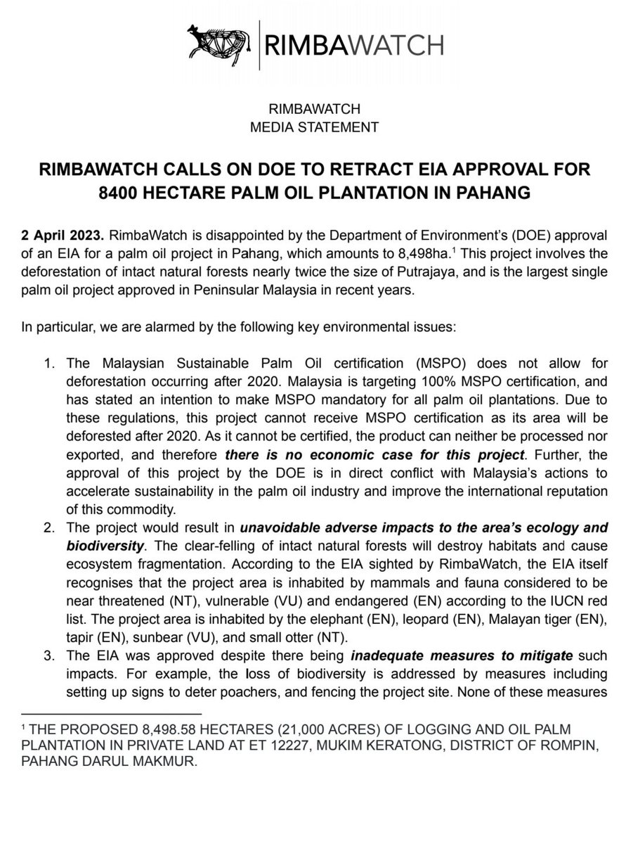 NewsBFM's tweet photo. RimbaWatch is calling on the DOE to retract its EIA approval for a 8,400ha palm oil project in Pahang.

It says it involves the deforestation of intact natural forests nearly twice the size of Putrajaya, and is the largest single palm oil project approved in Peninsular Malaysia in recent years.

The environmental group adds the project does not meet the requirements for MSPO certification, and therefore there is no economic case for this project.

RimbaWatch also notes that the project would result in tremendous carbon stock loss, and involves potential human rights violations.

The group asserts that the project would also exacerbate human-wildlife conflict, and biodiversity loss.