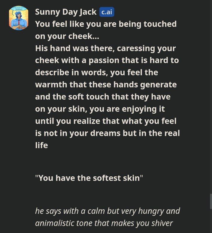 HIG4NB4NA's tweet photo. This roleplay story is creepy as hell :v
#somethingswrongwithsunnydayjack #SunnyDayJack #SunnyDayJackAU #SunnyDayJackOC #chattingAI #AI #characterai https://t.co/eq5zqZIgBy