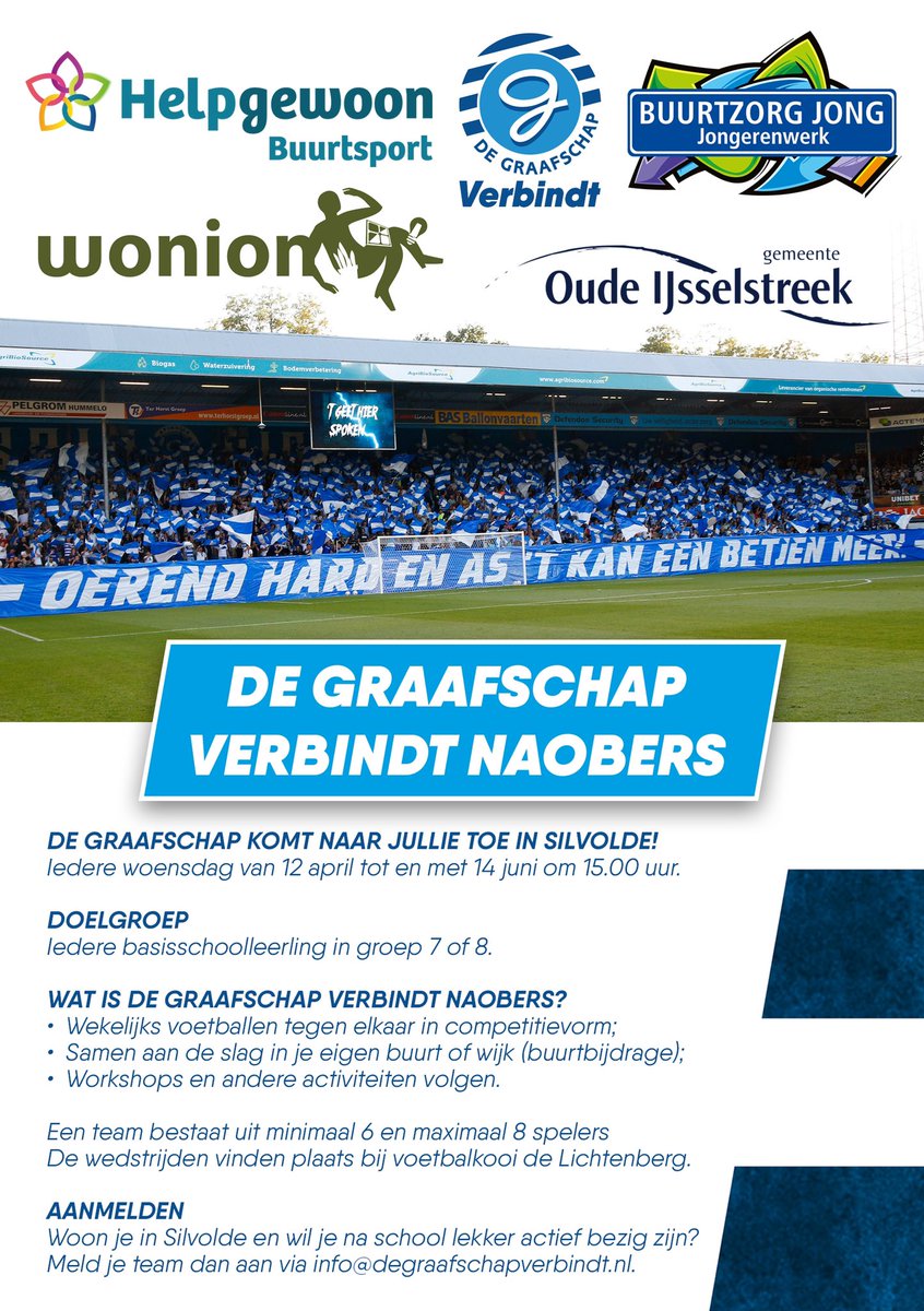 degraafschapMVO's tweet photo. @Wonion_ en @degraafschapMVO starten op 12 april met een nieuwe  ‘straatvoetbalcompetitie’! Zit je in groep 7/8 in Silvolde e.o.? Doe mee en geef je met jouw team op via: info@degraafschapverbindt.nl. Locatie: Voetbalkooi De Lichtenberg bij stichting Streetball in Silvolde https://t.co/EkKuzglNcg