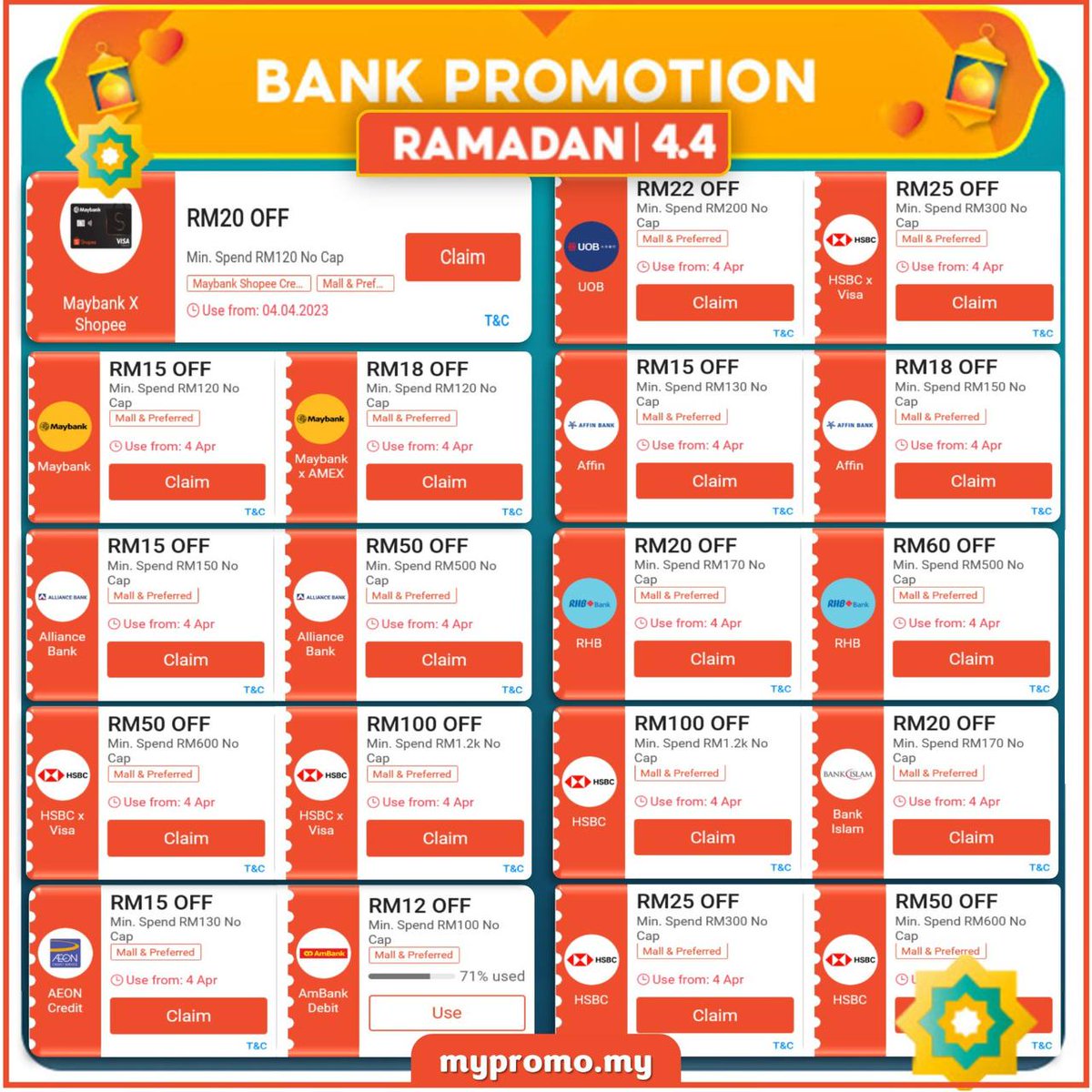 Shopee 4.4 Bank Vouchers is ready!
mypromo.my/shp/bank

High Value Vouchers worth up to RM100!
Claim All Now!

#ShopeeMY #RamadanBersamaShopee #ShopeeRamadanKasiSayang

4.4 Sale - All Important Links
mypromo.my/sale-all-impor…