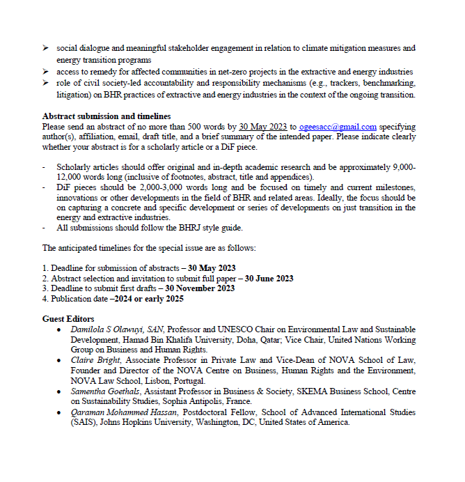 Surya Deva (@profsuryadeva) on Twitter photo <a href="/BHRJournal/">BHR Journal</a> inviting submissions for a special issue on "business, HRs and just transition in the energy and extractive industries": cambridge.org/core/journals/… Send an abstract by 30 May. Contact our guest editors for further details: <a href="/dsolawuyi/">Damilola S. Olawuyi, SAN, FCIArb</a> @Samenthe <a href="/clairerabright/">Claire Bright</a> & <a href="/qaramanh/">Qaraman Hasan</a> <a href="/BHRJournal/">BHR Journal</a> inviting submissions for a special issue on "business, HRs and just transition in the energy and extractive industries": cambridge.org/core/journals/… Send an abstract by 30 May. Contact our guest editors for further details: <a href="/dsolawuyi/">Damilola S. Olawuyi, SAN, FCIArb</a> @Samenthe <a href="/clairerabright/">Claire Bright</a> & <a href="/qaramanh/">Qaraman Hasan</a>