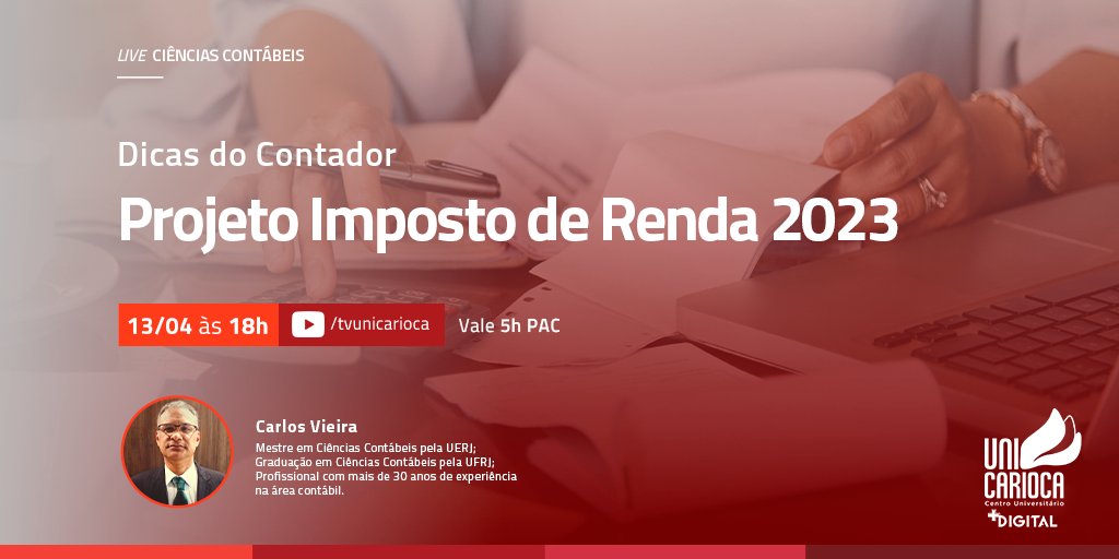 A Coordenação do Curso de Ciências Contábeis promoverá a Live "Dicas do Contador", para sanar dúvidas sobre a Declaração do Imposto de Renda.🦁

O evento acontecerá no dia 13/04 às 18h, através do nosso canal no YouTube - @tvunicarioca.

Vale 5 Horas PAC! 😉