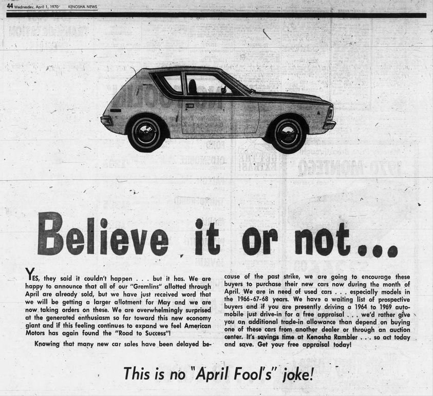 JAL69's tweet photo. Hora de la #triviaautomotriz.
Esta vez la ponemos fácil.
El #AprilFoolsDay de 1970 el #AMCGremlin apareció en el mercado estadounidense.
La pregunta ¿es cierto o es un chiste? https://t.co/zmoKNW8Jbx