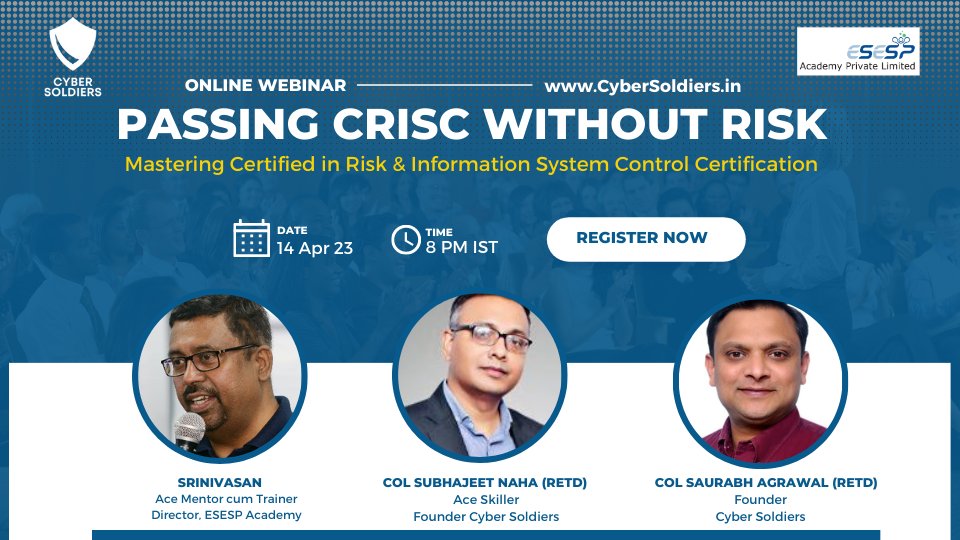 CyberSoldiers7's tweet photo. Want to be #CRISC? Attend this webinar to understand everything. 
📍Register free - https://t.co/tr2soK1uwU https://t.co/jxoo7grtvD