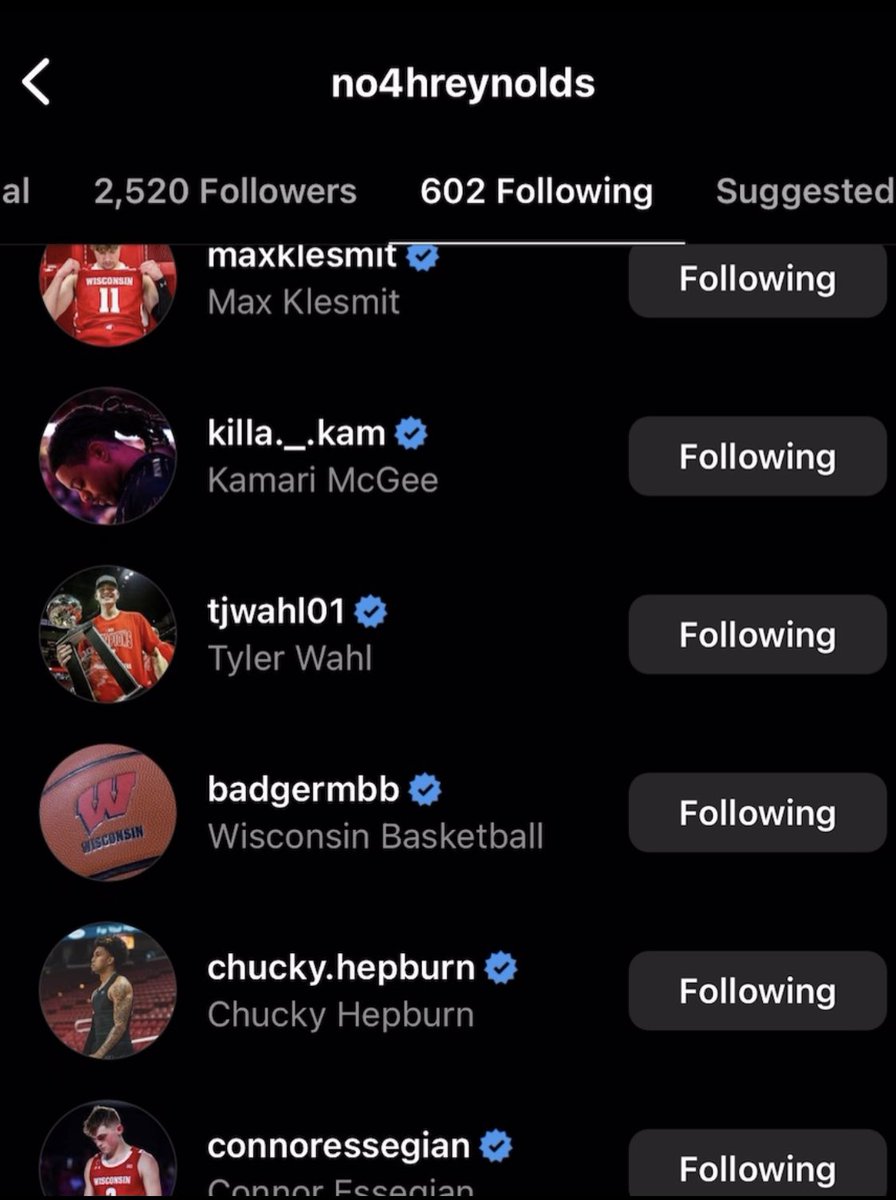 Badger_Notes's tweet photo. Wyoming transfer Noah Reynolds, a 6-foot-3 combo guard who recently visited Madison, didn’t waste much time scrubbing the ole IG of Cowboys content and is now following his potentially soon-to-be teammates…👀

Something to monitor, #Badgers fans. https://t.co/Zvb6q9yEgs