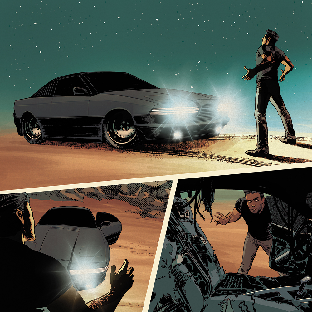 When Jim finds #CHARIOT, a secret Cold War supercharged muscle car, it holds the #AI consciousness of the car's previous super-spy owner. Get the #scifi graphic novel by <a href="/bryanedwardhill/">Hilluminati</a>, <a href="/PriPetraites/">Priscilla Petraites</a>, <a href="/Marco_Lesko/">Marco Lesko</a> &amp; @andworlddesig at your LCS or online: shop.awastudios.net/products/chari…