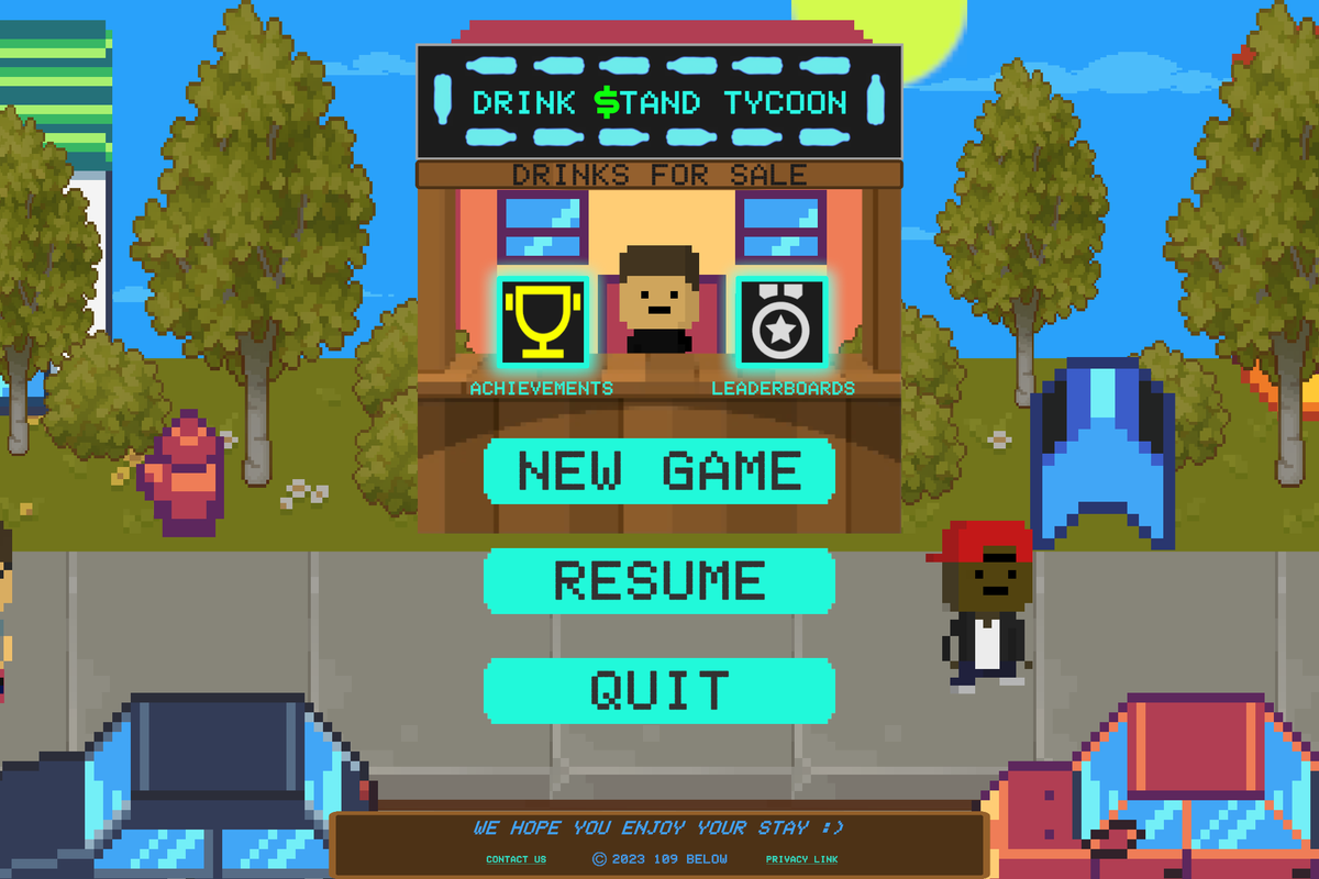 109Below's tweet image. This #screenshotsaturday we would like to introduce you to Drink Stand Tycoon. It's a casual business management game coming this month to the Apple Store, Google Play, and later to Steam! #indiedev #drinkstandtycoon