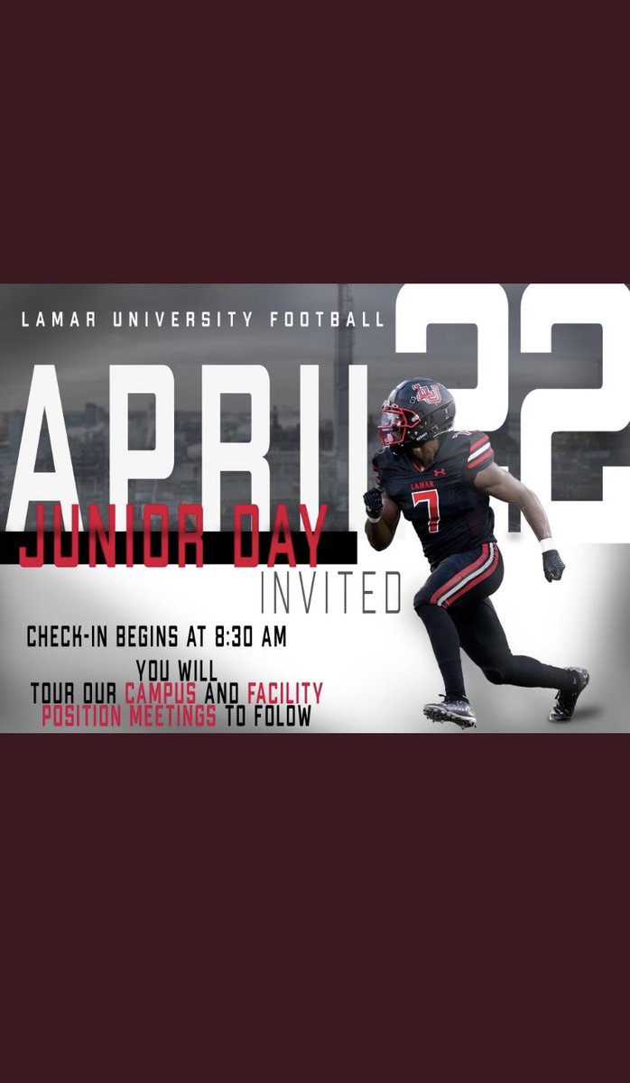 I will be attending Lamar’s Jr. Day,thanks <a href="/CoachGipson11/">Coach Gipson</a>  for the invite