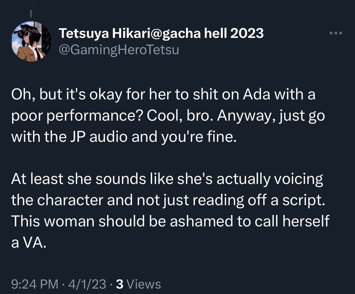 Lavalamp1138's tweet photo. @GamingHeroTetsu @RuleTimeSpace Nah you’re taking her performance like some sort of personal insult and it’s not healthy. It’s disturbing. Keep that energy focused on your anime women. https://t.co/RnT6XpaRG6