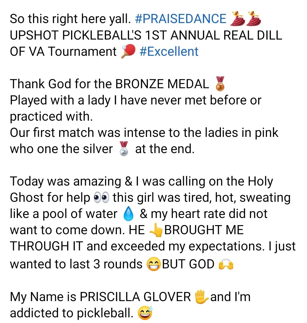 prgtdg1's tweet image. So this right here yall. #PRAISEDANCE 💃💃
UPSHOT PICKLEBALL&apos;S 1ST ANNUAL REAL DILL OF FEDERICKSBURG VA Tournament 🏓 #Excellent 

We won 🏆 the BRONZE 🥉 🙌🙌👆

My Name is PRISCILLA GLOVER ✋️and I&apos;m addicted to pickleball. 😅
