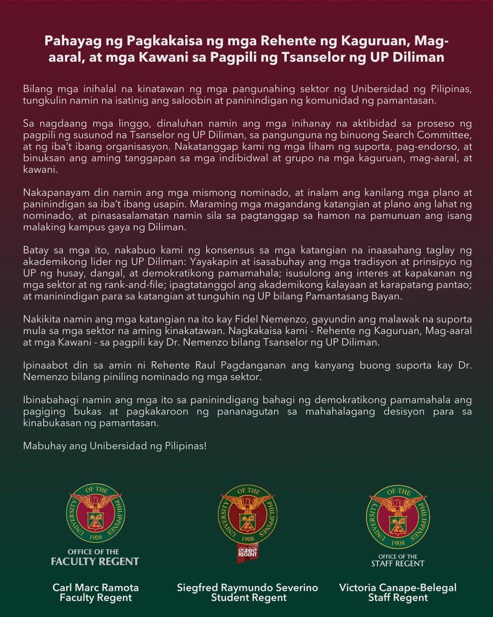 upalumni's tweet photo. Pahayag ng Pagkakaisa ng mga Rehente ng Kaguruan, Mag-aaral, at mga Kawani sa Pagpili ng Tsanselor ng UP Diliman https://t.co/V8DBHJctlY