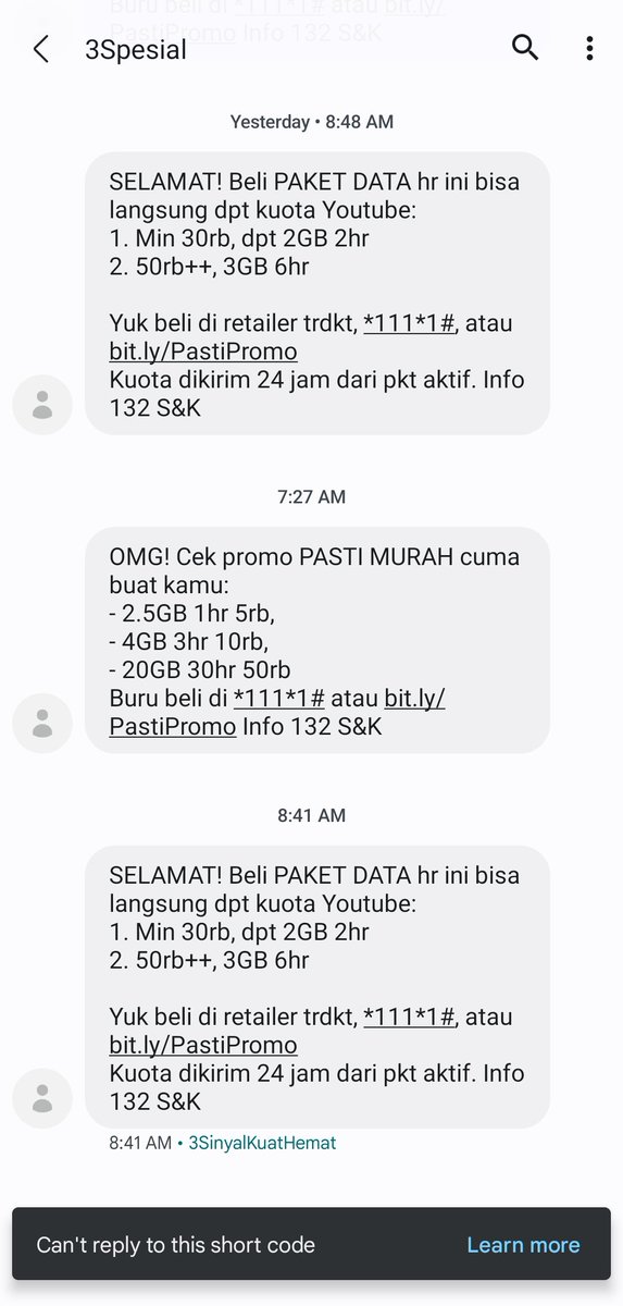 PunkyKing's tweet photo. @triindonesia hai, sms promonya kerasa berlebihan nih kakak. Tiap hari, berasa kek pacar posesif 😁😁 https://t.co/WJ870yWdFW