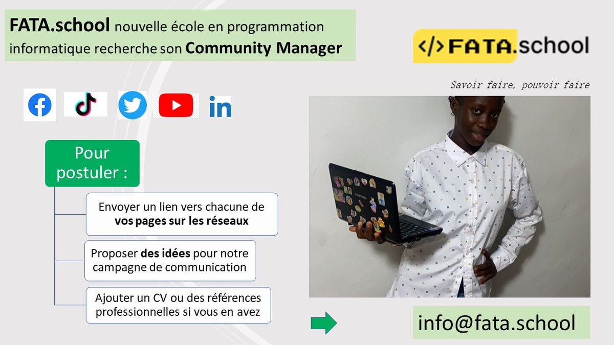 FATAschool's tweet photo. FATA se lance et recherche son community manager. Patrgez l'annonce. Ou candidatez et soumettez-nous vos idées : info@fata.school #guinee #conakry #coding  #stemguinea https://t.co/Wwvwmdwkz6