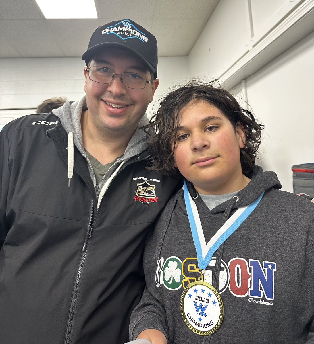 cmarzilli's tweet photo. So proud of Matteo and all the CM Revs on their Valleys Hockey League Championship 🏆🥇
He gave his old his Championship hat. The Medal and post game ice cream was all him! https://t.co/8fWQBdUiJh