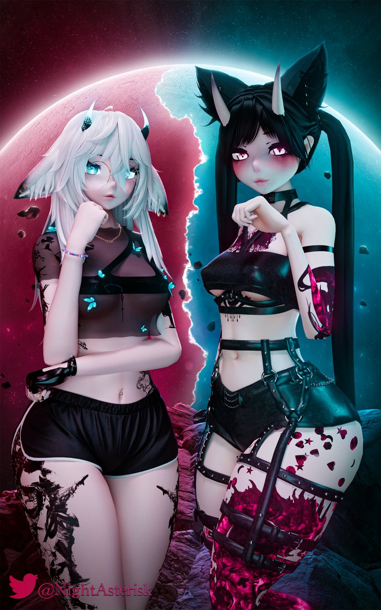 NightAsterisk's tweet image. Spent hella time today trying to make this look good and I'd say it definitely paid off. Original was going to be orange and teal but I guess I'll save that for another project.

Avatars by: jeadevr.gumroad.com and
beardiechan.gumroad.com
#VRChat #VRC #Blender3d #b3d