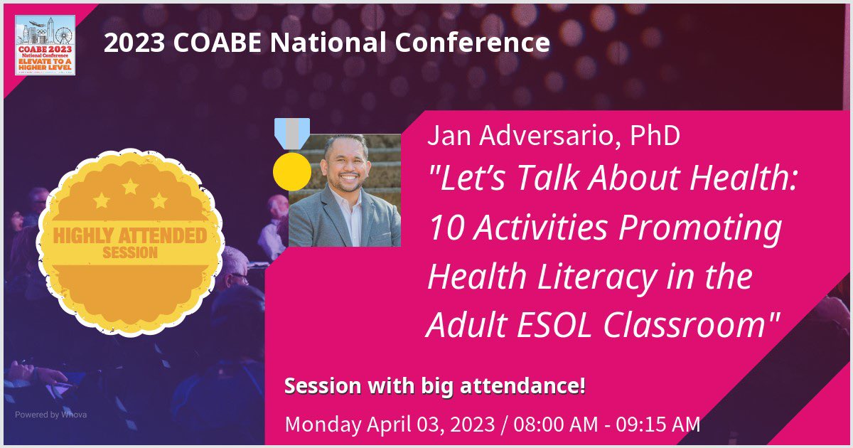 Join me on Monday, April 3, from 8:00 - 9:15 AM ET at the 2023 COABE National Conference!  I will share instructional strategies and activities that adult educators can use to promote health literacy in the ESL/ESOL classroom.

#coabe2023 #adulteducation  #esl #healthliteracy