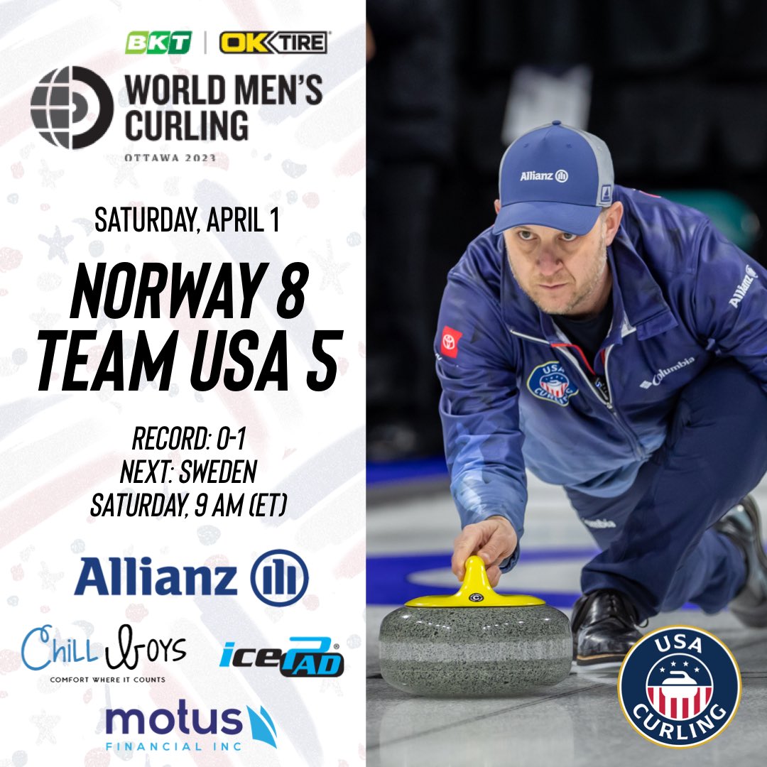 TeamShuster's tweet photo. Tough start for us at the World Championship but we have two games tomorrow starting with Sweden at 9:00 am (ET). 

#WMCC2023 | #TeamUSA | #curling 🇺🇸 https://t.co/sGZnh63yEj