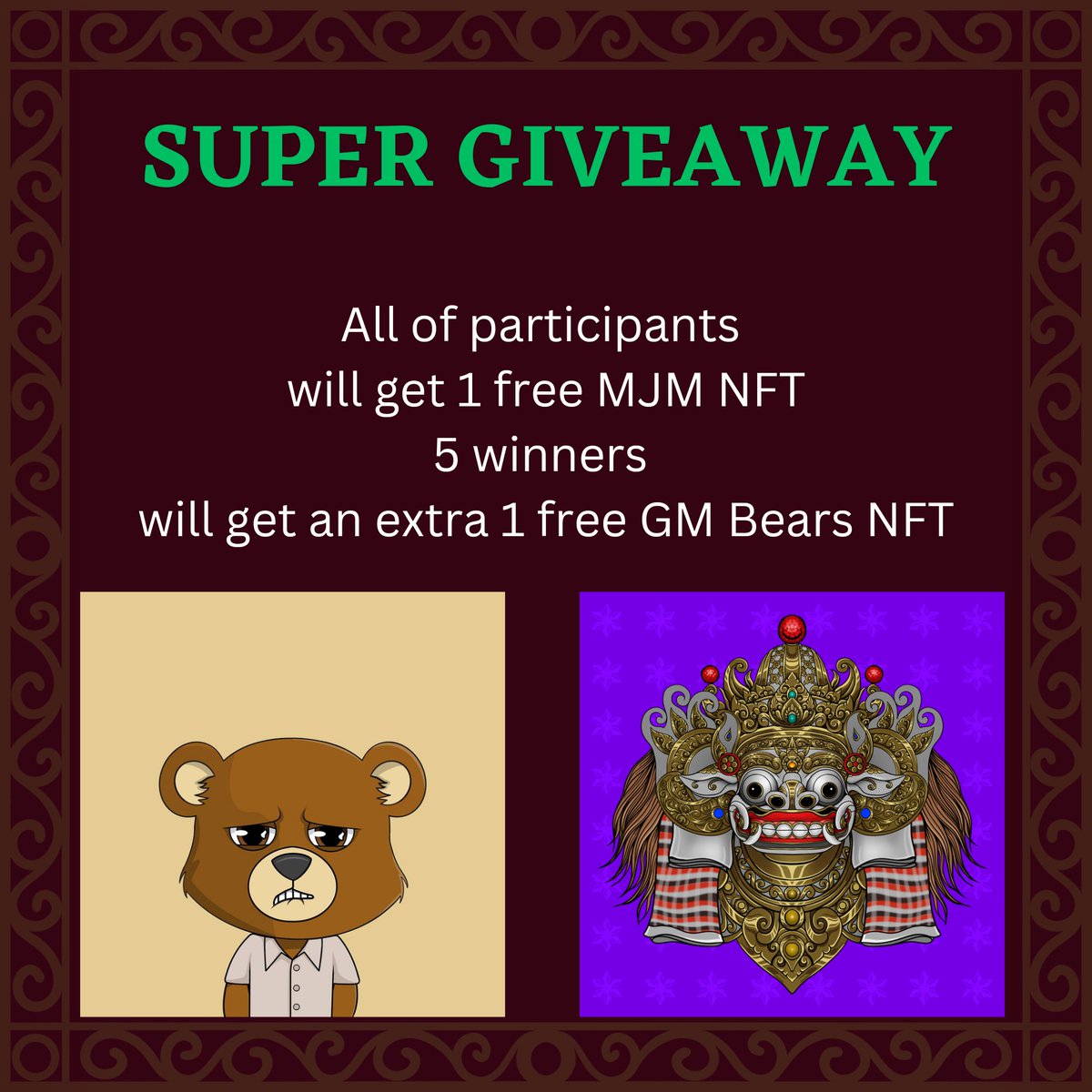 MJM_Land's tweet photo. SUPER GIVEAWAY

All of participants will get 1 FREE MAJESTIC MASK NFT
5 winners will get AN EXTRA 1 FREE GM BEARS NFT

Follow @GM_Bears 
Follow @MJM_Land 
Like, Retweet and Tag 3 friends use $AZERO and #AzeroNFT
Submit your Azero wallet here https://t.co/uV7t5woSEP https://t.co/TrCZbaYK9d