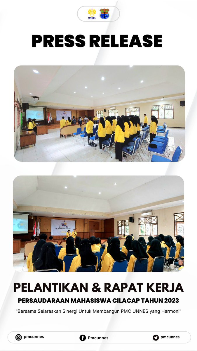 pmcunnes's tweet photo. [PRESS RELEASE PELANTIKAN DAN RAPAT KERJA PMC UNNES 2023] 

Mengusung tema "Bersama Selaraskan Sinergi Untuk Membangun PMC UNNES yang Harmoni" telah dilaksanakan Pelantikan dan Rapat Kerja Fungsionaris PMC UNNES Tahun 2023 di Gedung PKMU Lt. 2 pada Hari Sabtu, 1 April 2023. https://t.co/ZKeqD5rIMN