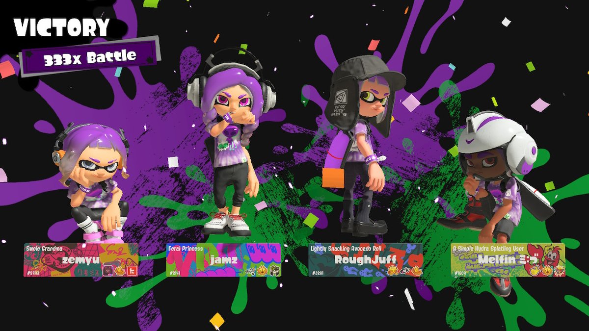 zzemyu's tweet photo. ayyy lmao. go team aliens! thanks for the games Melvin @RoughJuff @jamziezz ♡ #Splatoon3 #NintendoSwitch https://t.co/RI3RPoULt8
