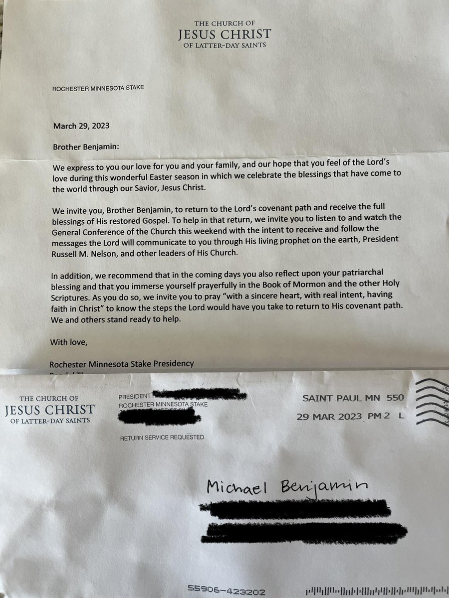 mbenjamin_msw's tweet image. My response to letter from @Ch_JesusChrist Rochester Minnesota stake presidency:
Dear R, M, and D,
Thank you for the letter you sent me this week. I appreciate your attempt to reach out to me, as it has been 3 years since the last time you made such efforts.