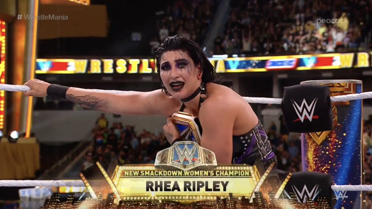 WWEonFOX's tweet photo. AND NEW!

@RheaRipley_WWE is your SmackDown Women’s Champion! #WrestleMania https://t.co/aiyxiocHty