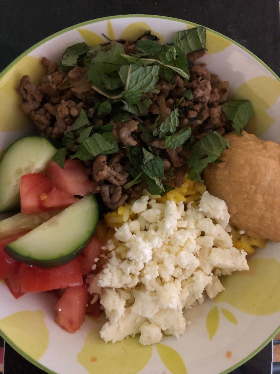 PamelaTurner's tweet photo. Dinner tonight was a Mediterranean lamb bowl with turmeric rice, cucumbers, tomatoes, ground lamb, mint, hummus, and feta cheese. Next time, might try grilled lamb burgers. #cooking #groundlamb #mediterraneancuisine #recipeoftheday #homecooking #tumeric #eats https://t.co/gfs808sV5E