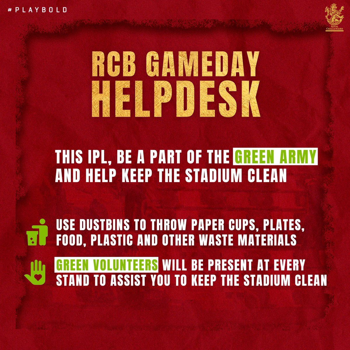 RCBTweets's tweet photo. GAMEDAY ESSENTIALS! 📍

Parking Info. 🅿️ 
Public transport 🚇
Official Merchandise Kiosks 📍
Keeping the stadium clean 🧹

Here are some important things to note for all our fans attending our Home games this season! 🙌

#PlayBold #ನಮ್ಮRCB #IPL2023 https://t.co/go90L5LkwC