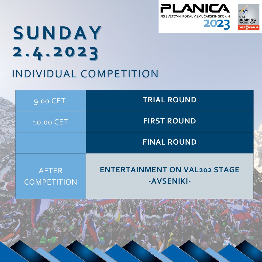 [PROGRAMME] One last act of this winter. We start at 9am with the trial round, continue with the individual competition and finish with the trophy ceremony and the Avsenik concert. #poweredbyNLB #planica #planica2023 #ifeelslovenia