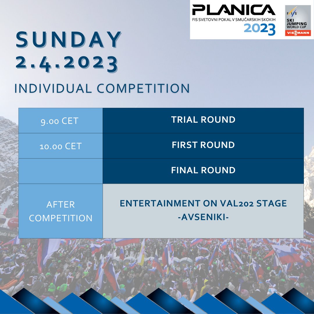 [PROGRAMME] One last act of this winter. We start at 9am with the trial round, continue with the individual competition and finish with the trophy ceremony and the Avsenik concert.
#poweredbyNLB #planica #planica2023 #ifeelslovenia