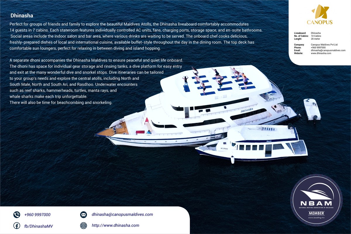 <a href="/DhinashaMV/">Dhinasha Safari</a>  liveaboard is your best choice to explore the best of Maldives has to offer.  A liveaboard holiday presents an unrestricted opportunity to discover the best of Maldives. #nbam #maldives #liveaboard #tourismmv #tourism50 #Dhinasha #canopusmaldives