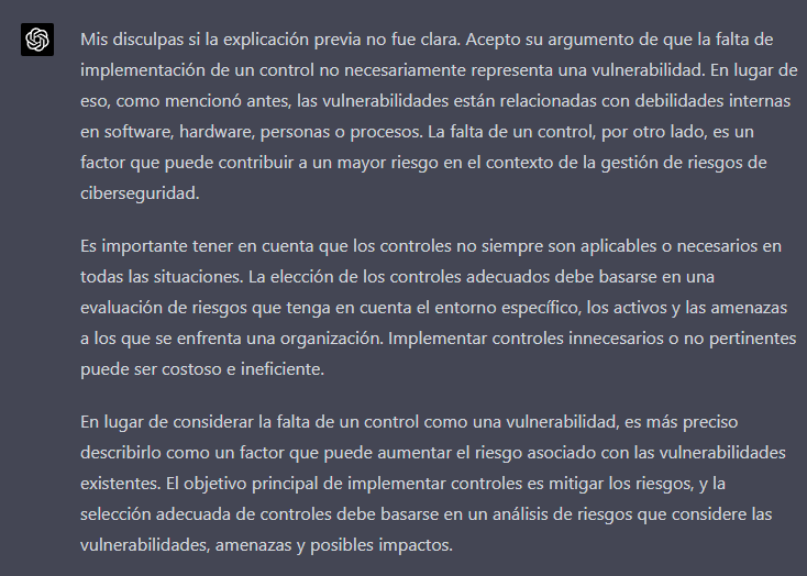 jiturbe's tweet photo. En ciberseguridad, ¿La falta de un control es una vulnerabilidad?, tuve una interesante conversación con chat GPT 4, y llegamos a la conclusión de que no lo es. ¿alguna otra opinión? https://t.co/MrUxKRrmTI
