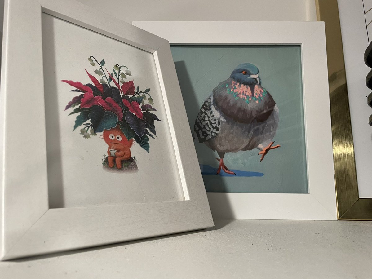 wratherton's tweet photo. @meganroseruiz My wife and I both love your art. Got myself this print and got her a bunch of stickers which adorn my writing station and her water bottle. Always love to see these little guys. Hope you feel better soon 💜 https://t.co/h368vwZwJO
