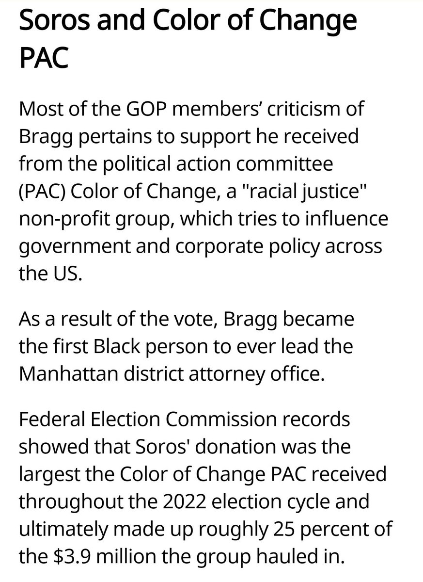 #Soros denies he is funding DA #Bragg who is prosecuting #Trump

But, like Soros' Color Revolution scams, #globalist billionaire's convoluted #ColorofChange funding scheme (and open dislike of Trump) tell another story.

#TrumpIndictment
#Trumpindicted
#Sorosbacked
#SorosDAs