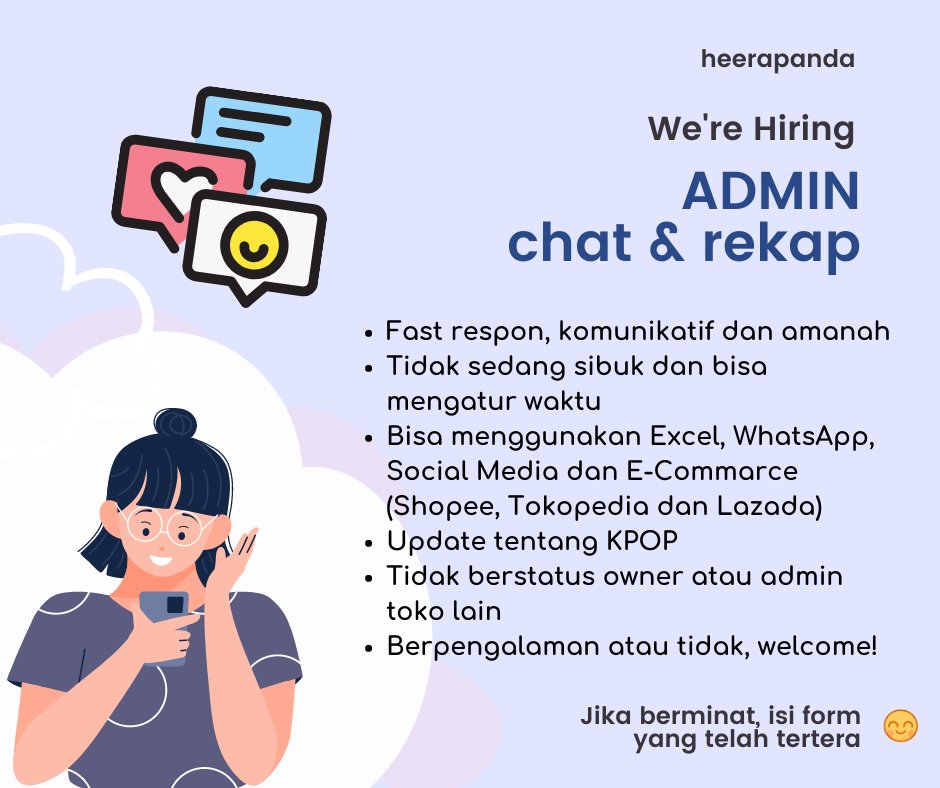 heerapanda's tweet photo. Halo semua 😀@heerapanda looking / hiring for admin chat, rekap &amp; promosi    

🌸Isi form dibawah ini jika berminat  https://t.co/W3VMR5YiU0

• WFA (work from anywhere)
• Memiliki HP dan Laptop yang memadai.  

close : 5 April 2023, Jam 23:00 WIB  
Terima kasih~
_
#KPOP https://t.co/rxNxeipJzU