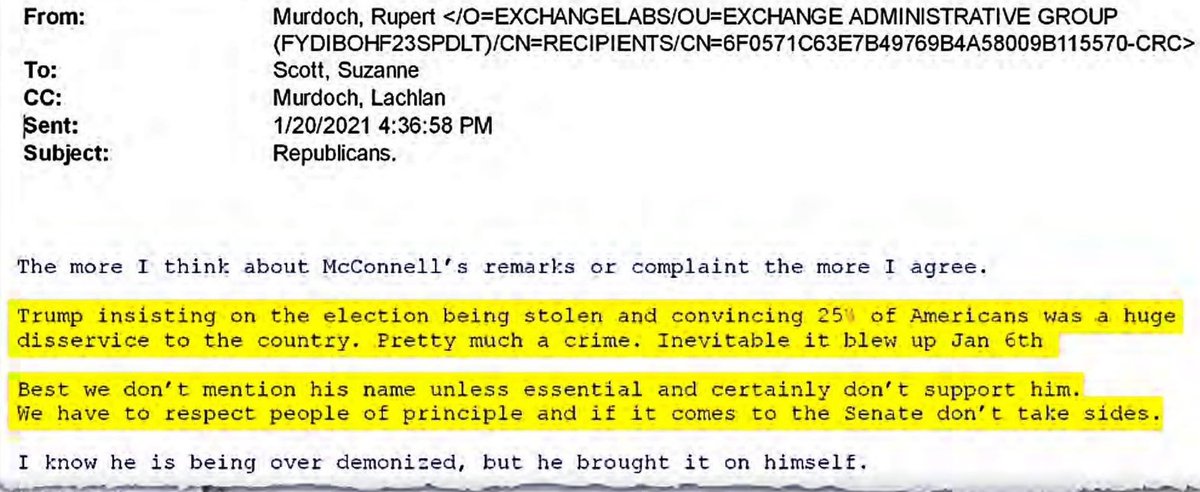 Kangaroo_Court's tweet photo. Rupert Murdoch's smoking gun email: He says it was “Pretty much a crime” in “insisting on the election being stolen” and it was “Inevitable it blew up on Jan 6th” yet Fox kept promoting the lie. Read more: https://t.co/OgZxWCaEGl #auspol @crikey_news @dominionvoting @smartmatic https://t.co/7k061YHyPI