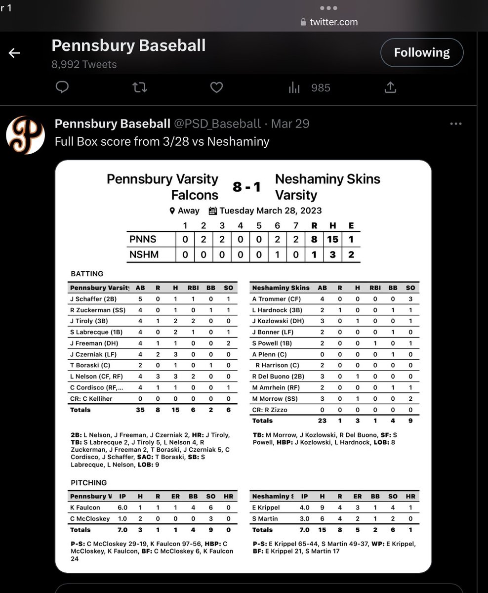 Awesome team win in the SOL opener against Neshaminy 8-1.  Offense had 15 hits. First League relief appearance, 1i 0R 2H 3K