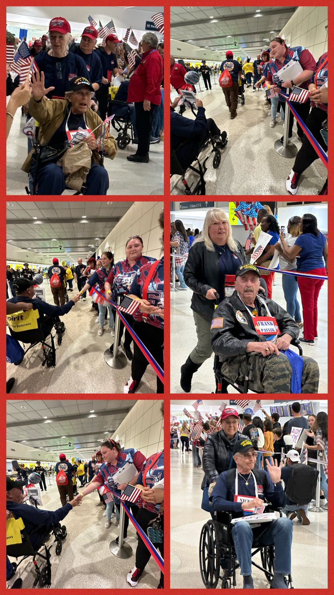 Celebrating and thanking the 65+ veterans this evening as they arrived home from Washington DC viewing their memorials…. Thanks to Honor Flight South Florida for making their day special. ❤️🤍💙🇺🇸#thankyouforyourservice