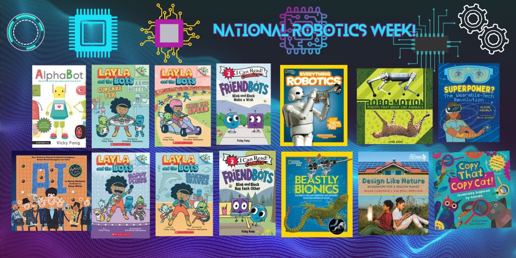 National Robotics Week (April 8-16) is almost here & we can help you celebrate🎊! Happy Reading!🤖📚
.
@RoboWeek #nationalroboticsweek #roboticsweek #RobotBooks  #STEAMTeamBooks #Botbooks