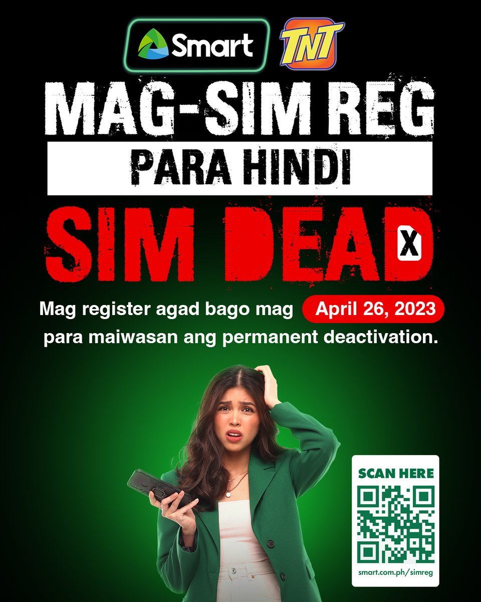 MAG-SIM REG para hindi SIM DEAD! Pag hindi ka nag-register ng SIM, wala ka nang data, calls at texts. No social media, no online payments, no OTPs. Iwasan ang PERMANENT SIM DEACTIVATION. Register your SIM on or before April 26, 2023: smrt.ph/simregtw #SmartSIMReg