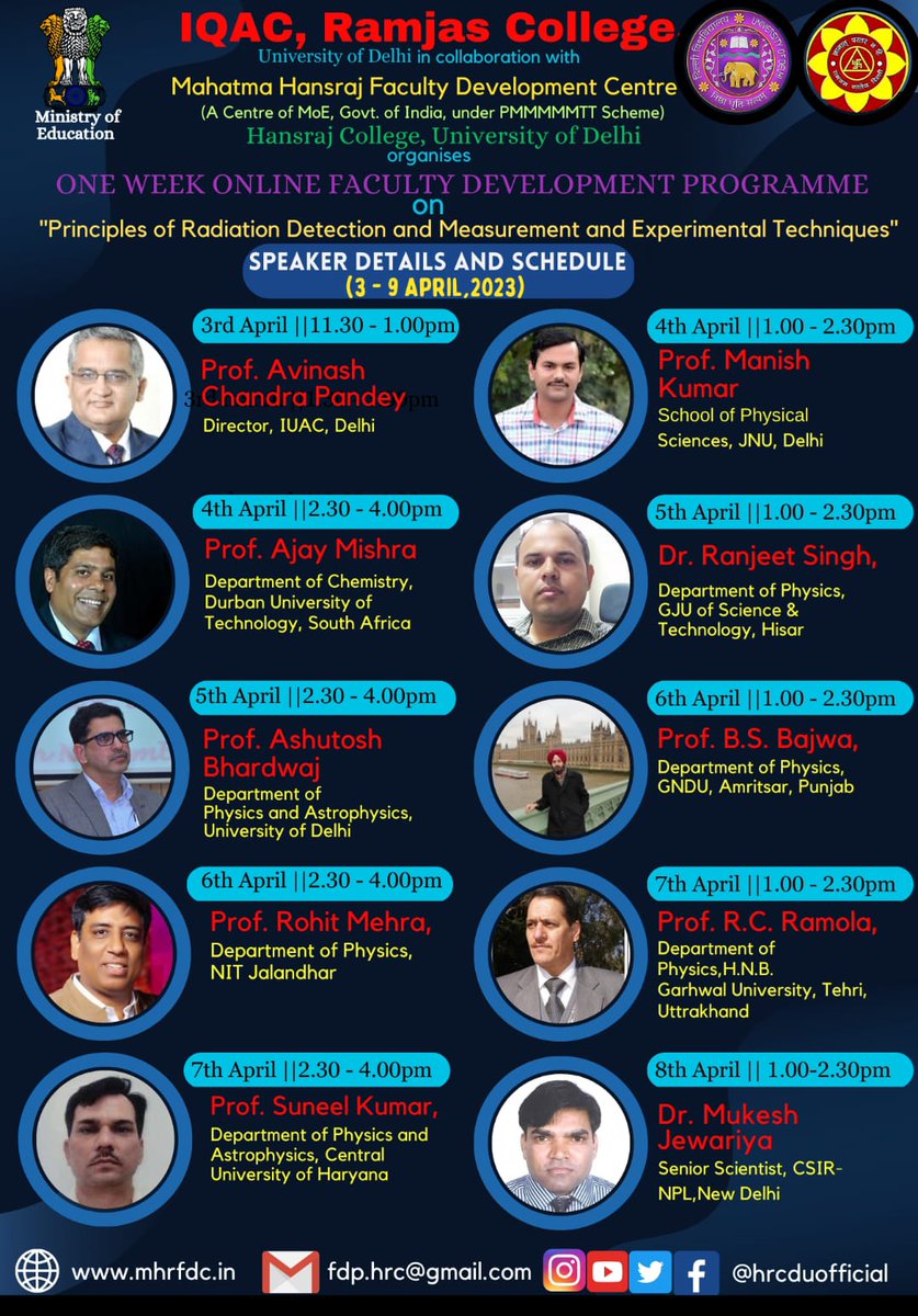 OfficialRamjas's tweet image. #IQAC #Ramjascollege @UnivofDelhi is organising a one week online #FacultyDevelopmentProgramme in collaboration with #Hansrajcollege from April 3-9 2023. The speakers schedule and details are as follows.
