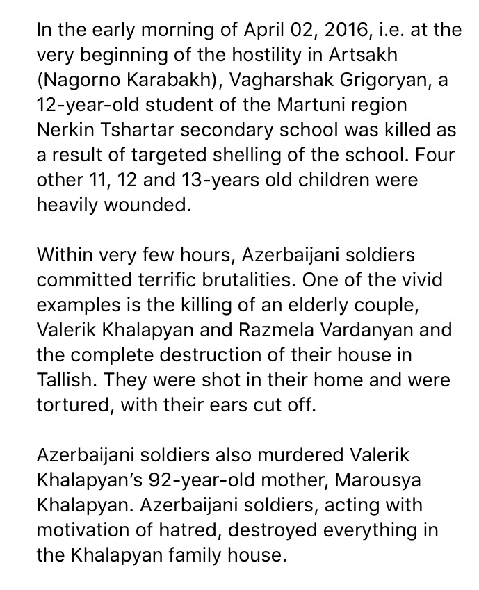 MamyanMane's tweet photo. On April 2, 2016 🇦🇿 Armed forces committed warcrimes (see below).These are few cases among cruelties made by 🇦🇿soldiers. The whole generation in 🇦🇿 has grown up with hatred&amp; enmity promoted by the state propaganda.And we are witnessing it every day in 🇦🇿 narrative.
@atatoyan https://t.co/cS3LOx1wQk