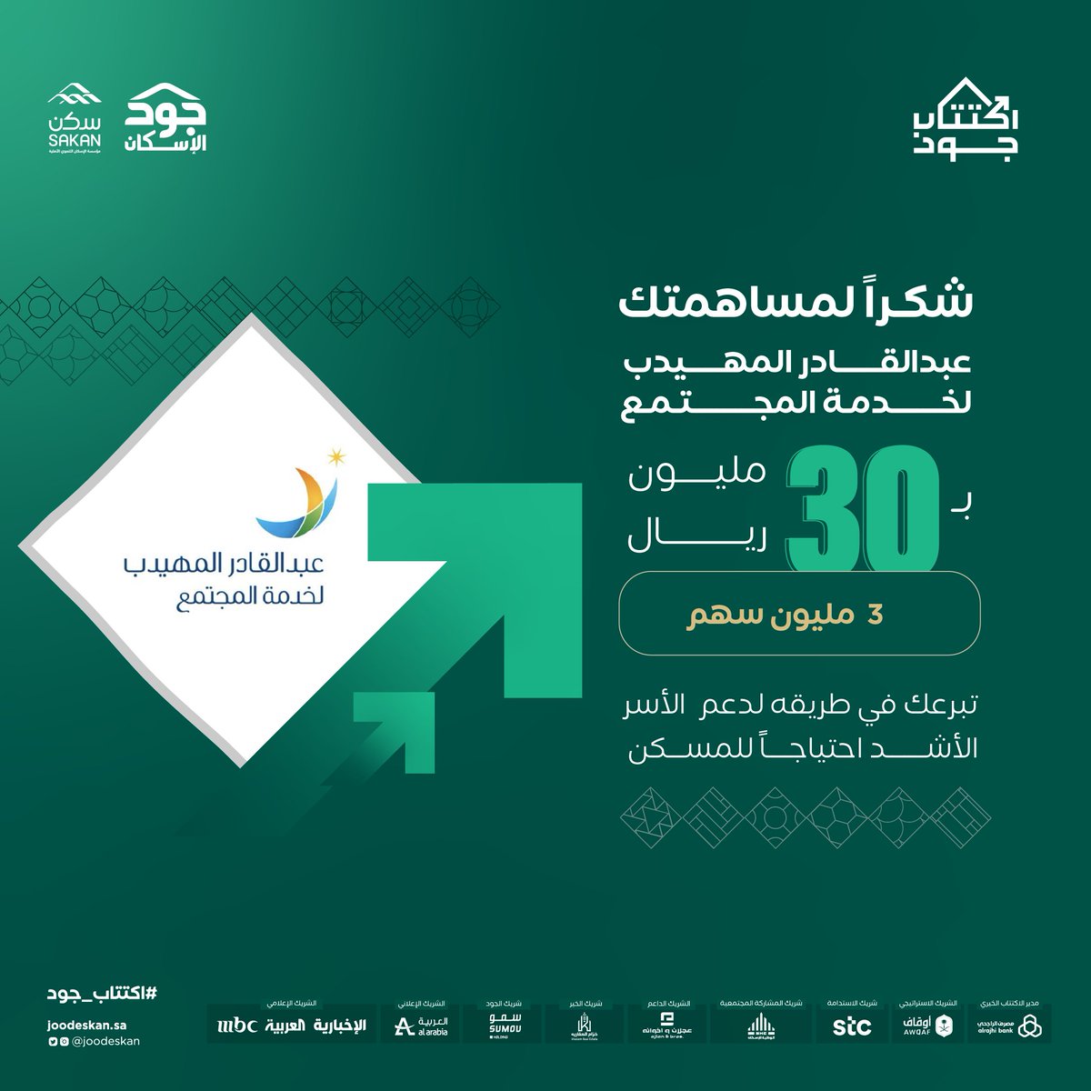 مؤسسة المهيدب @AlmuhaidibSF تكتتب بـ 3 مليون سهم بقيمة (30 مليون ريال) في #اكتتاب_جود الإسكان الخيري ليكونوا سبباً في توفير المسكن لأشد الأسر حاجة.