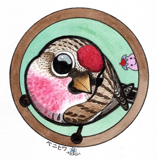 「缶バッジの鳥たち」リクエストにお応えしてベニヒワを描いてみました。 